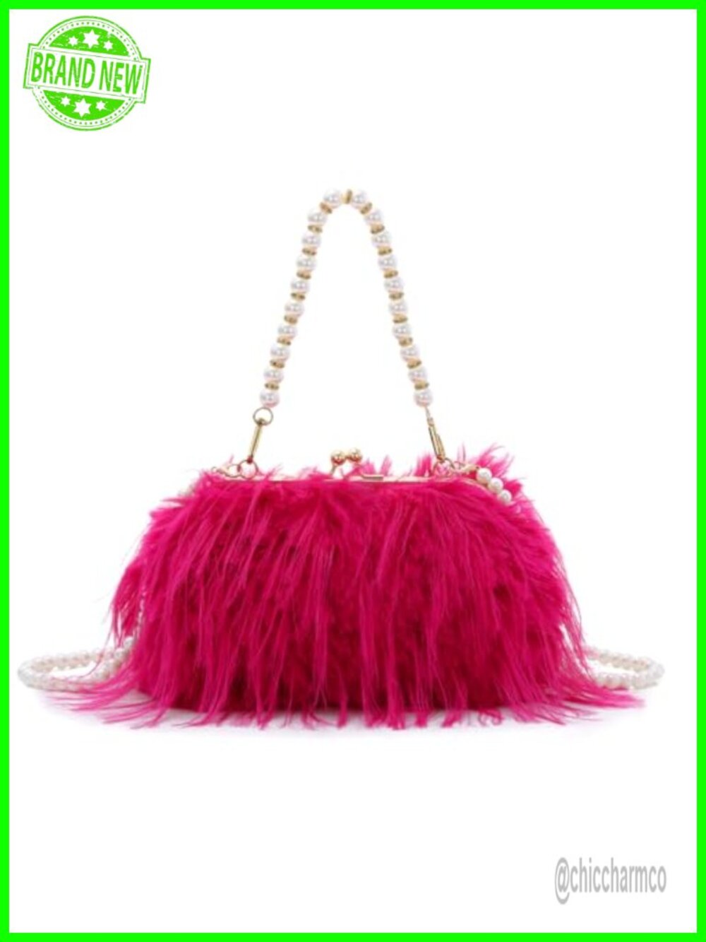 Fluffy Feather Clutch Evening Bag Pearl Chain Crossbody Wedding Purse